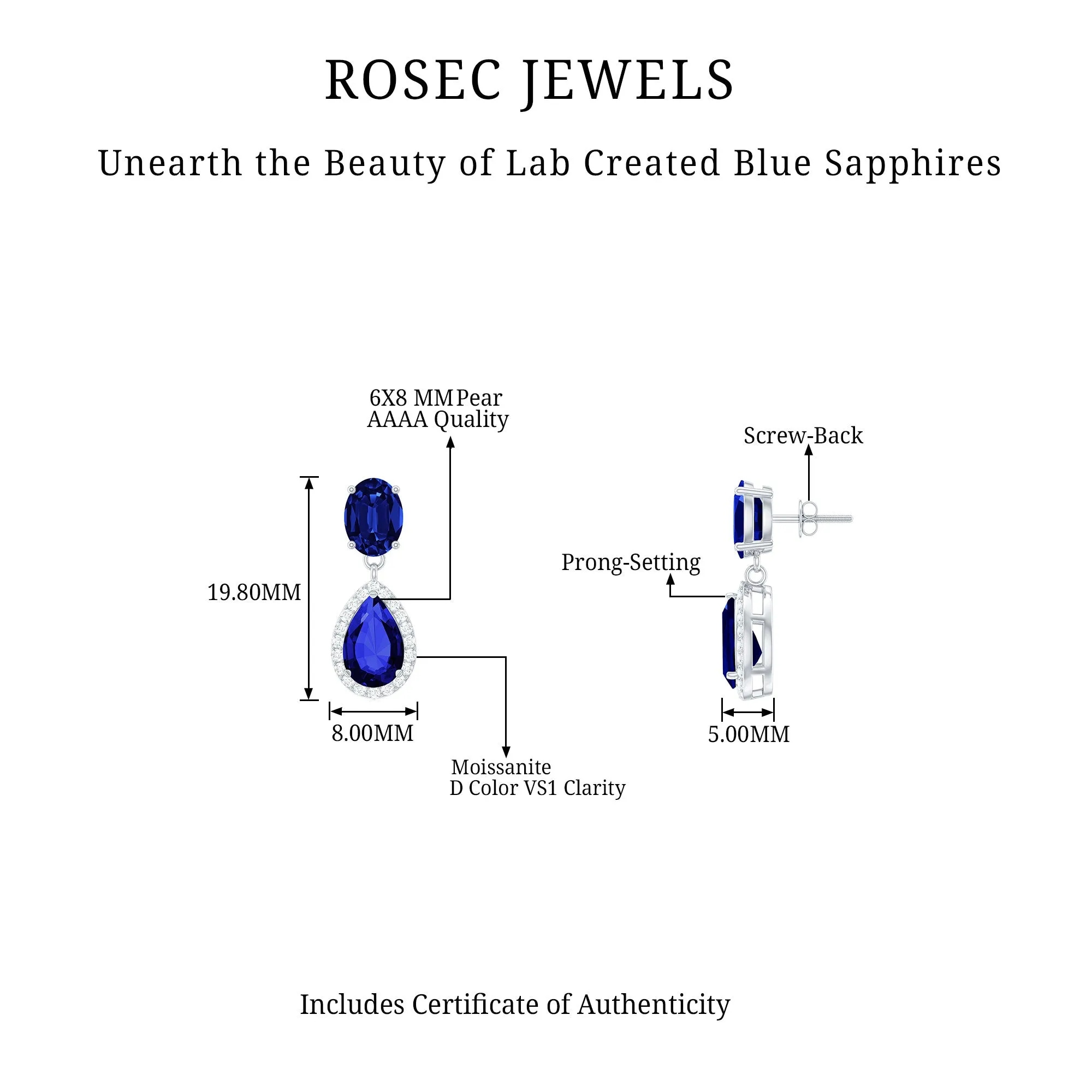 5.5 CT Classic Created Blue Sapphire Dangle Earrings with Moissanite