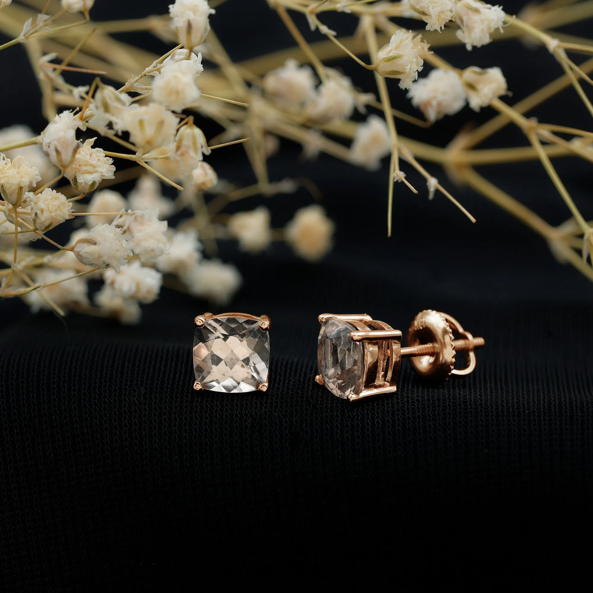 6 MM Cushion Cut Solitaire Morganite Stud Earrings