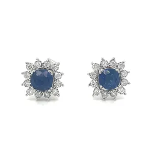 9ct White Gold Round Sapphire and Diamond Cluster Halo Earrings