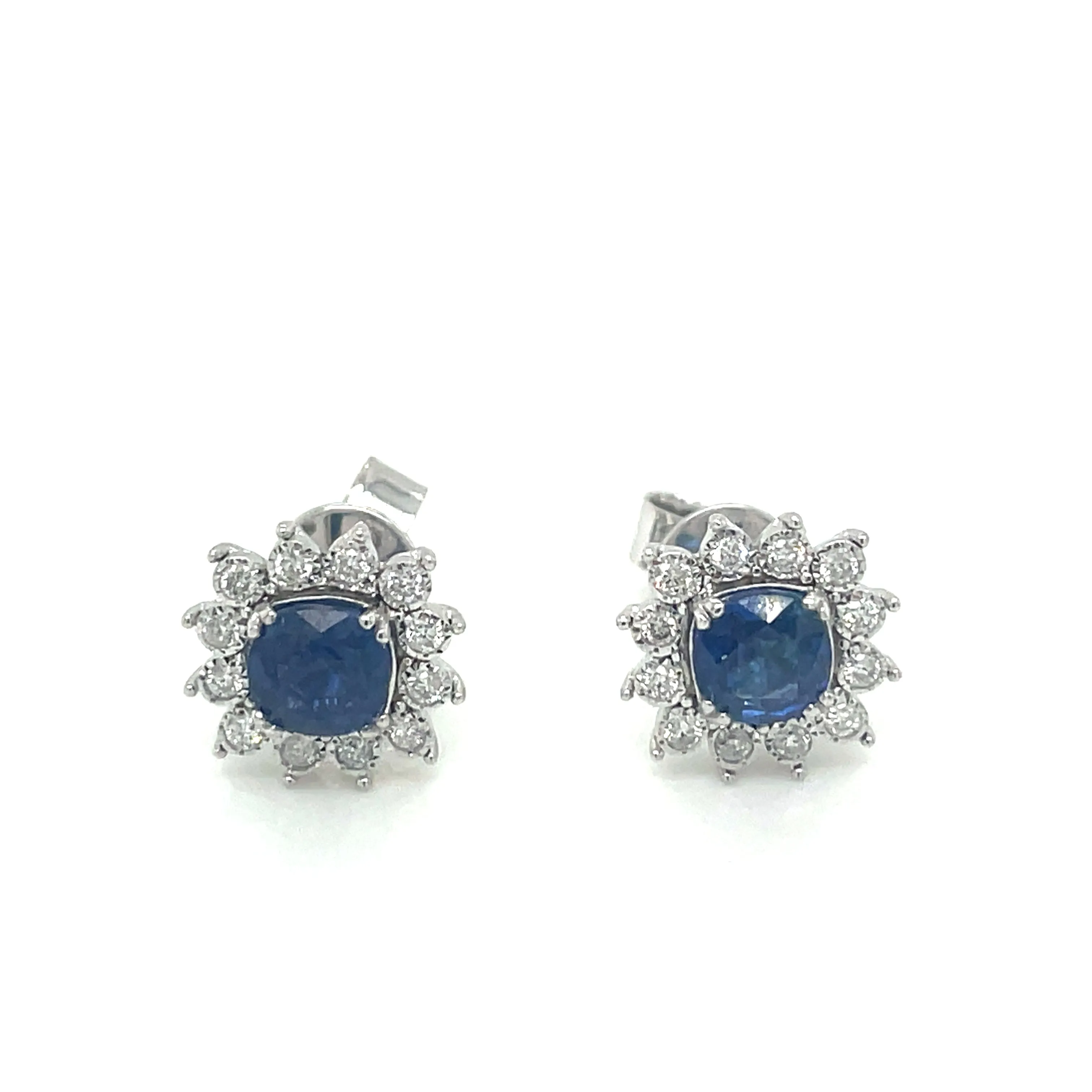 9ct White Gold Round Sapphire and Diamond Cluster Halo Earrings