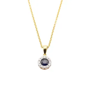 9ct yellow gold sapphire and diamond halo necklace