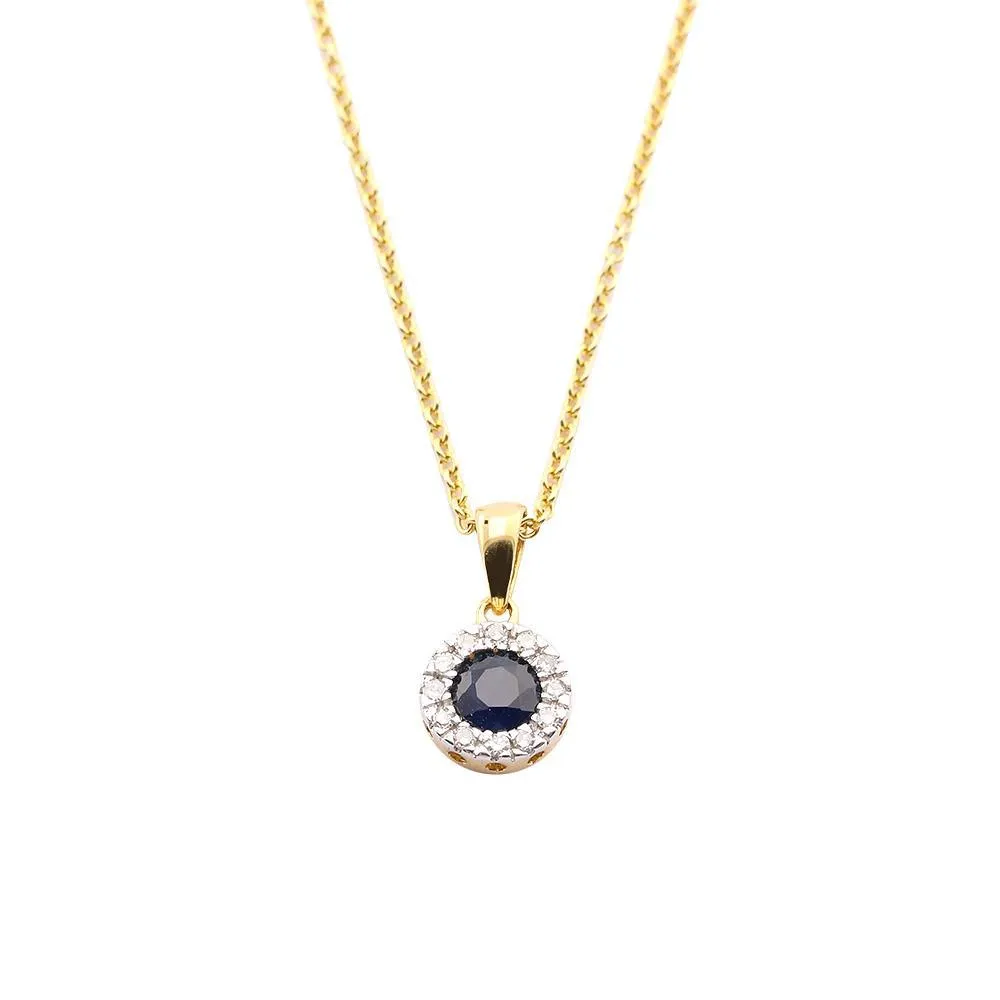 9ct yellow gold sapphire and diamond halo necklace