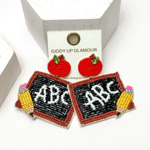 ABC Chalkboard Beaded Earrings With Red Apple Posts