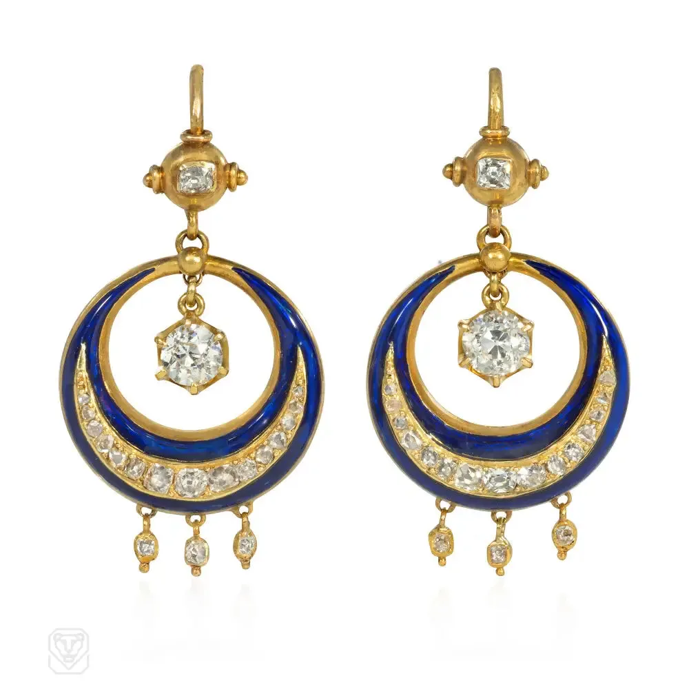 Antique blue enamel, gold, and diamond hoop earrings