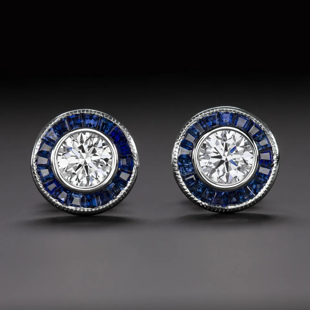 ART DECO STYLE F VS DIAMOND SAPPHIRE STUD EARRINGS ROUND CUT CALIBRE HALO TARGET