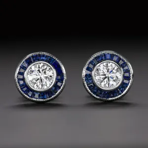 ART DECO STYLE F VS DIAMOND SAPPHIRE STUD EARRINGS ROUND CUT CALIBRE HALO TARGET