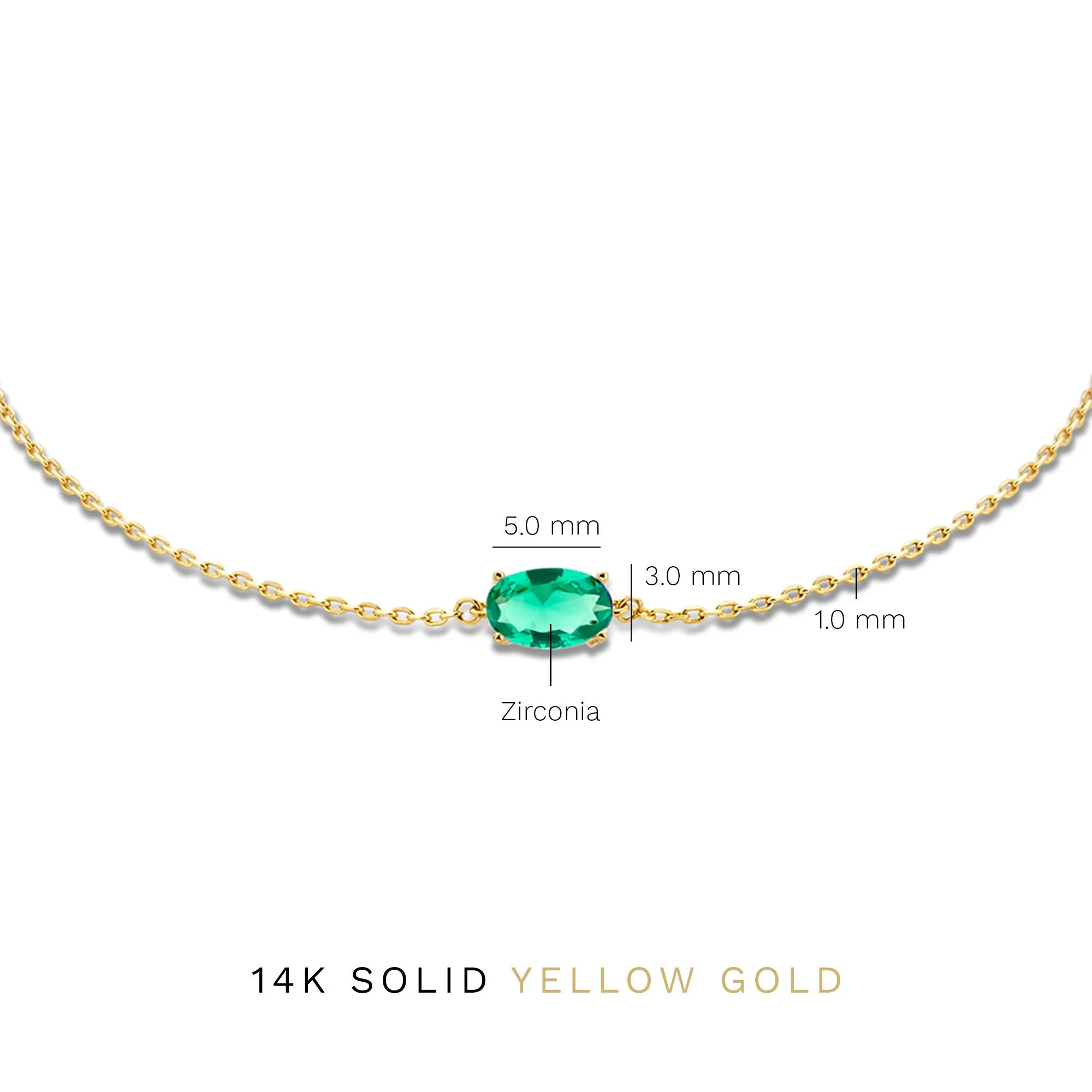 Baguette Olivia 14 karat gold bracelet with green zirconia stone