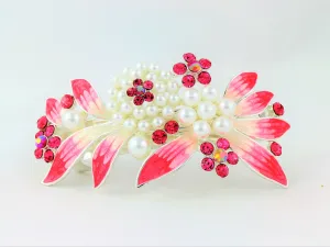 Barrette with colored rhinestones and white pearls - Pink