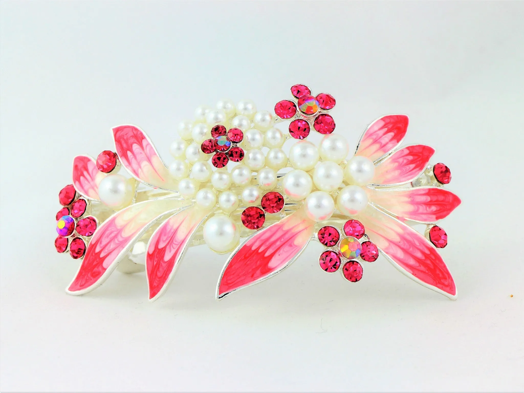 Barrette with colored rhinestones and white pearls - Pink