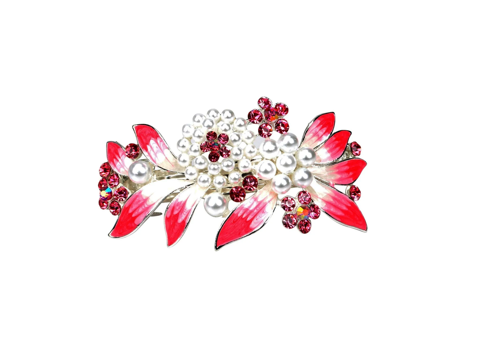 Barrette with colored rhinestones and white pearls - Pink