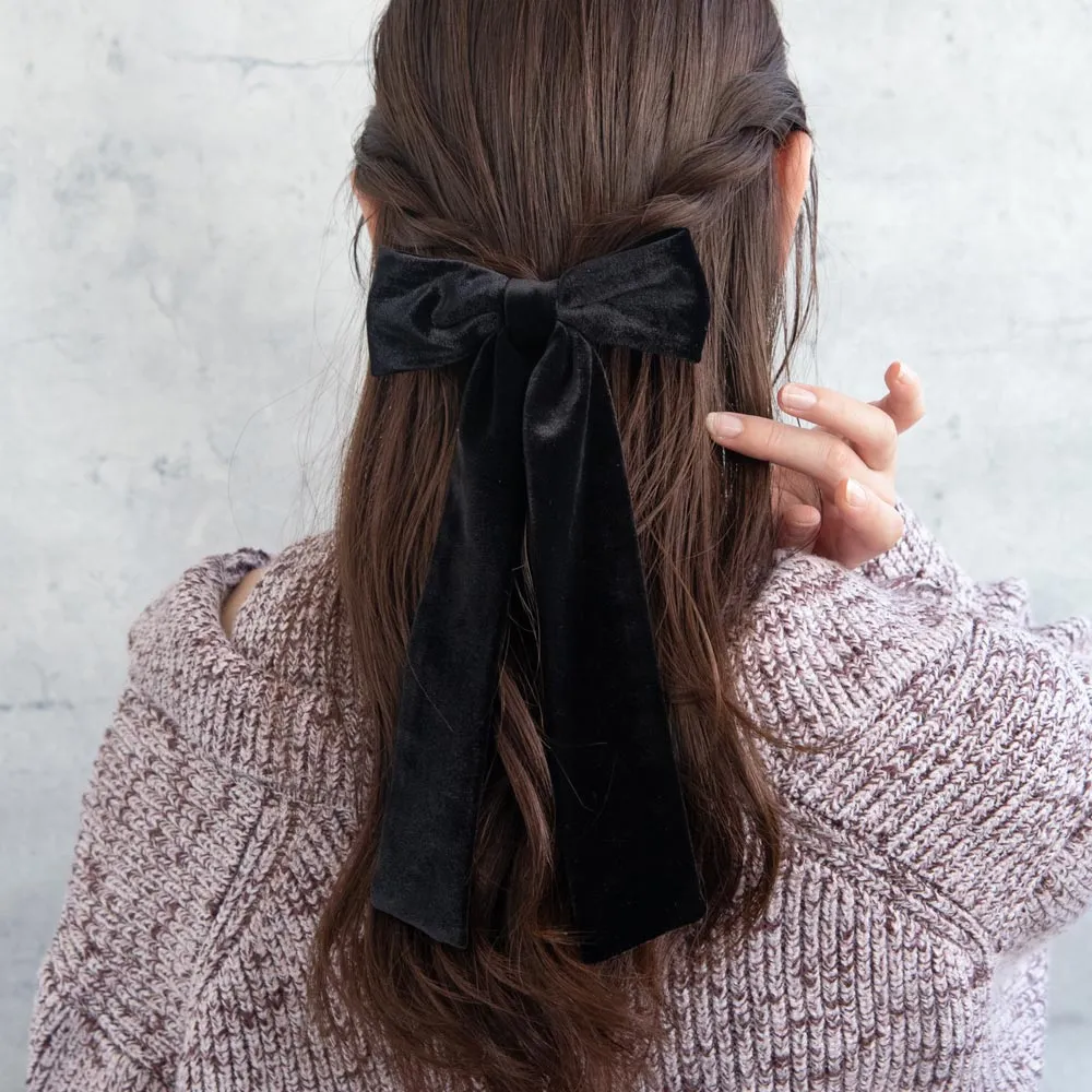 Black Velvet Long Tail Bow Barrette