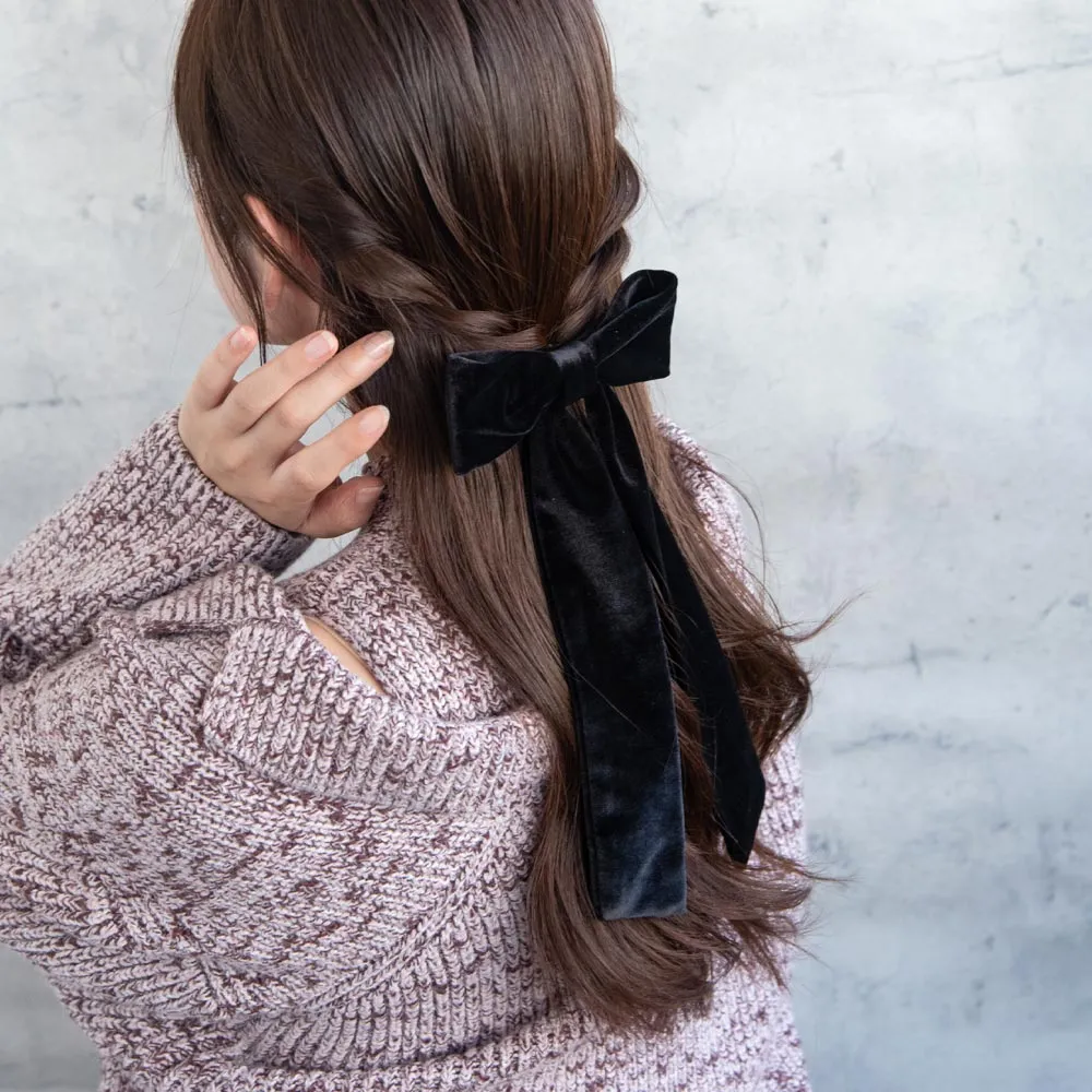 Black Velvet Long Tail Bow Barrette