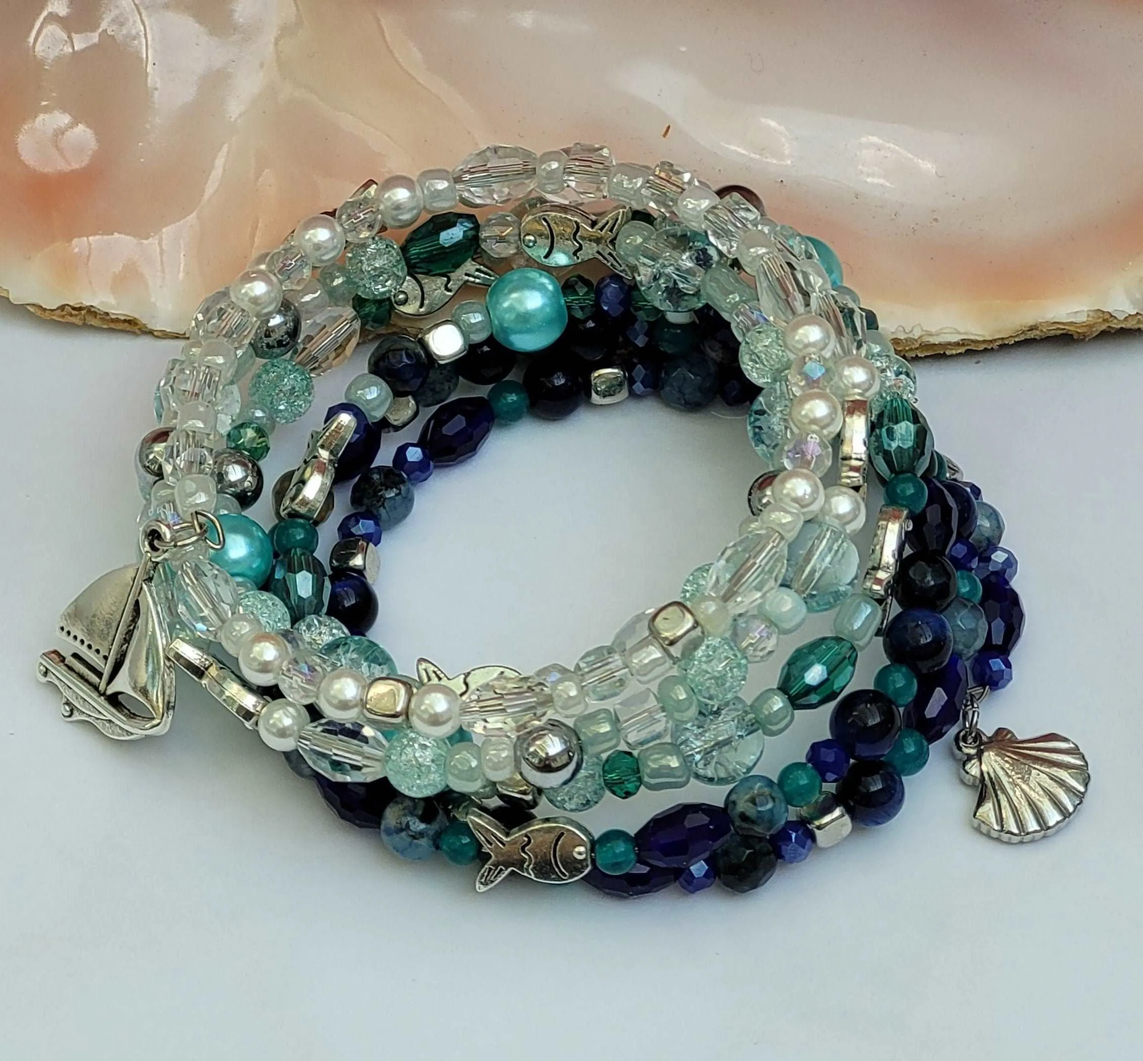 Blue Ocean Memory Wire Large Bracelet, Blue Stone Bracelet, Multi Strand Bracelet, Quartz, Agate, Hematite, Jade, Pearls Gemstone Cuff