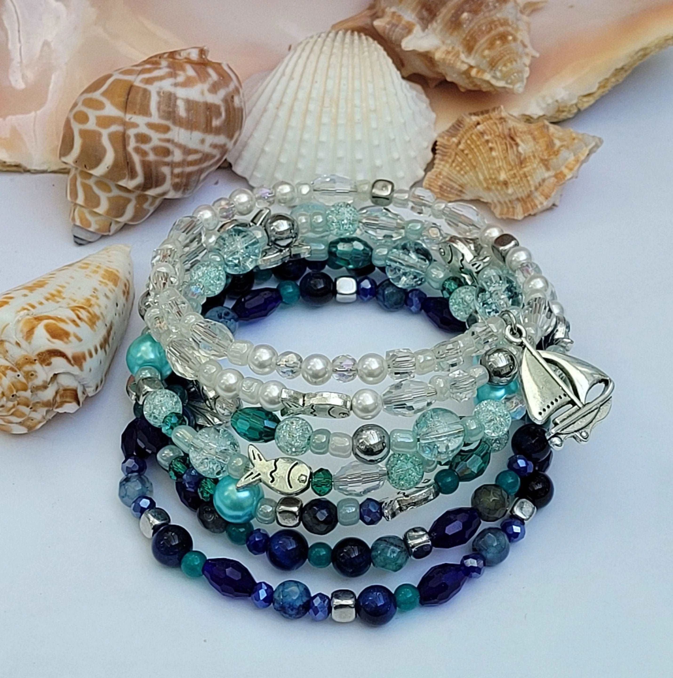 Blue Ocean Memory Wire Large Bracelet, Blue Stone Bracelet, Multi Strand Bracelet, Quartz, Agate, Hematite, Jade, Pearls Gemstone Cuff