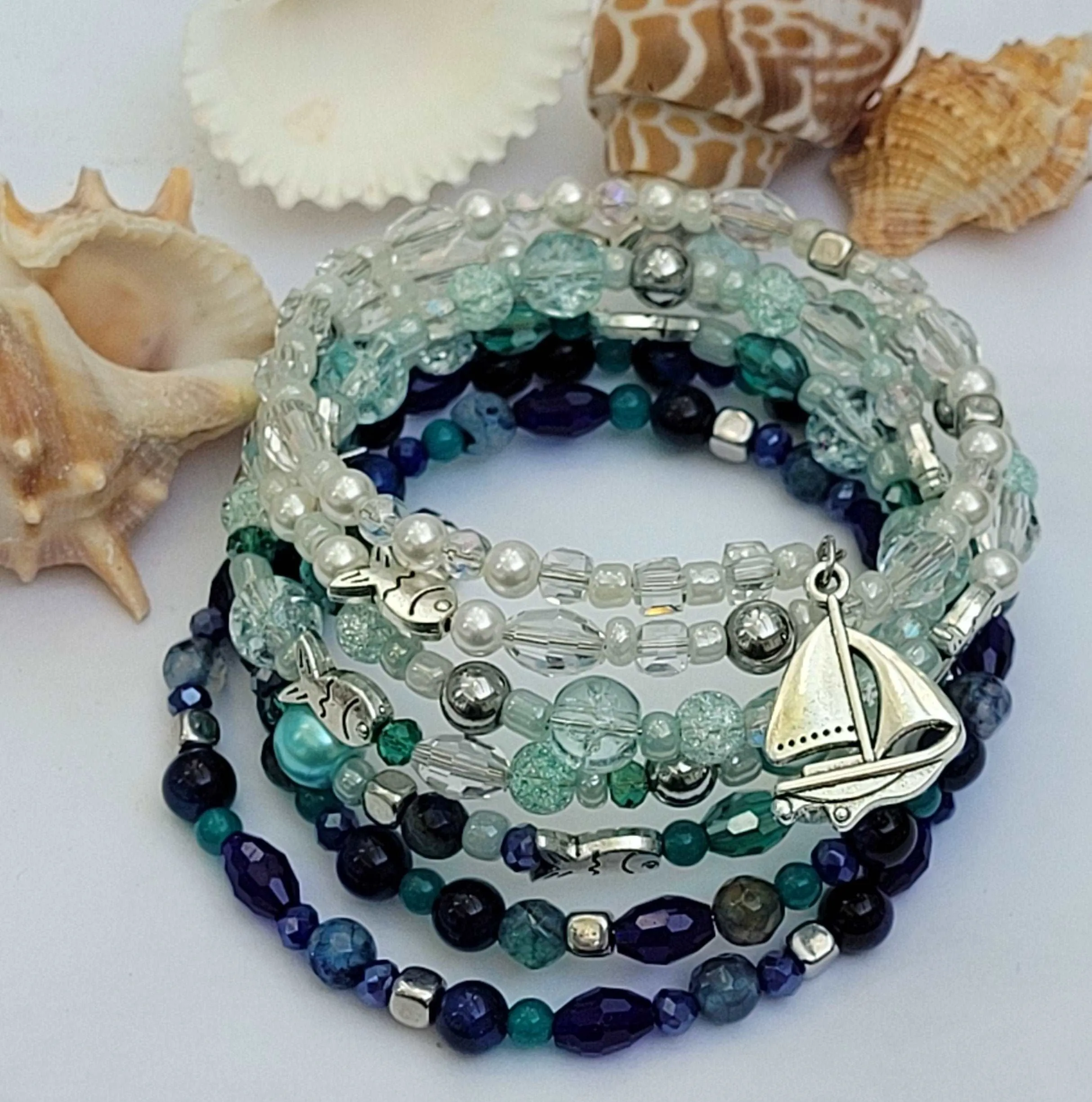 Blue Ocean Memory Wire Large Bracelet, Blue Stone Bracelet, Multi Strand Bracelet, Quartz, Agate, Hematite, Jade, Pearls Gemstone Cuff