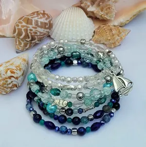 Blue Ocean Memory Wire Large Bracelet, Blue Stone Bracelet, Multi Strand Bracelet, Quartz, Agate, Hematite, Jade, Pearls Gemstone Cuff