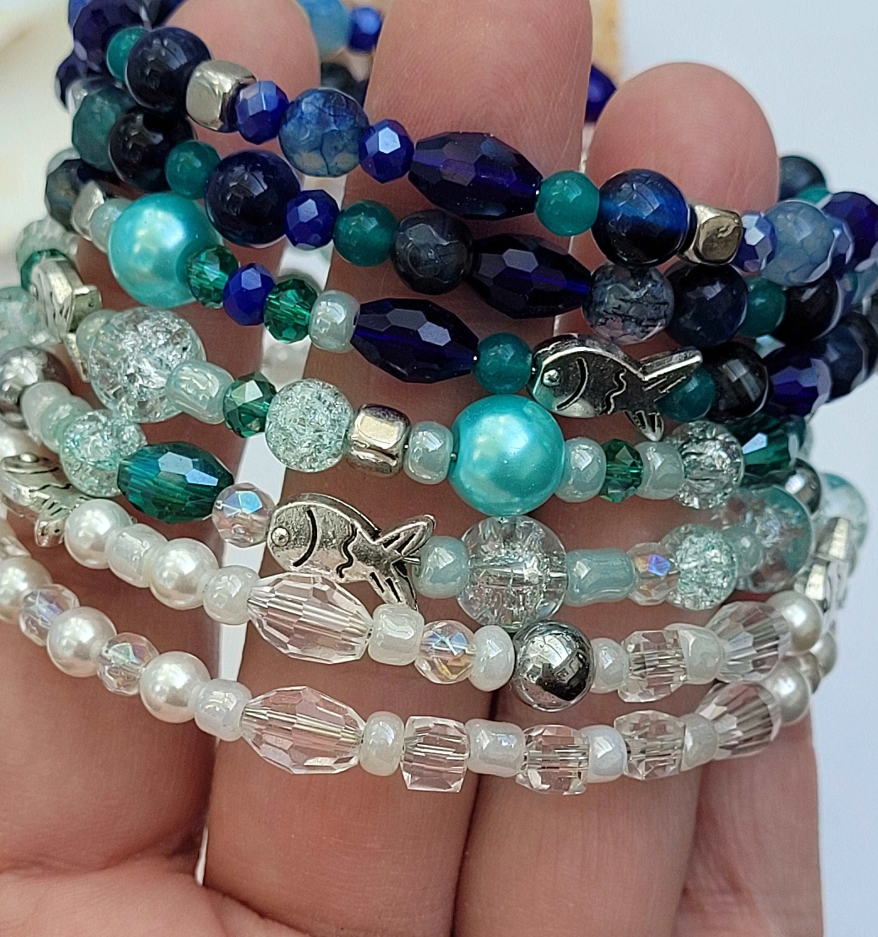 Blue Ocean Memory Wire Large Bracelet, Blue Stone Bracelet, Multi Strand Bracelet, Quartz, Agate, Hematite, Jade, Pearls Gemstone Cuff