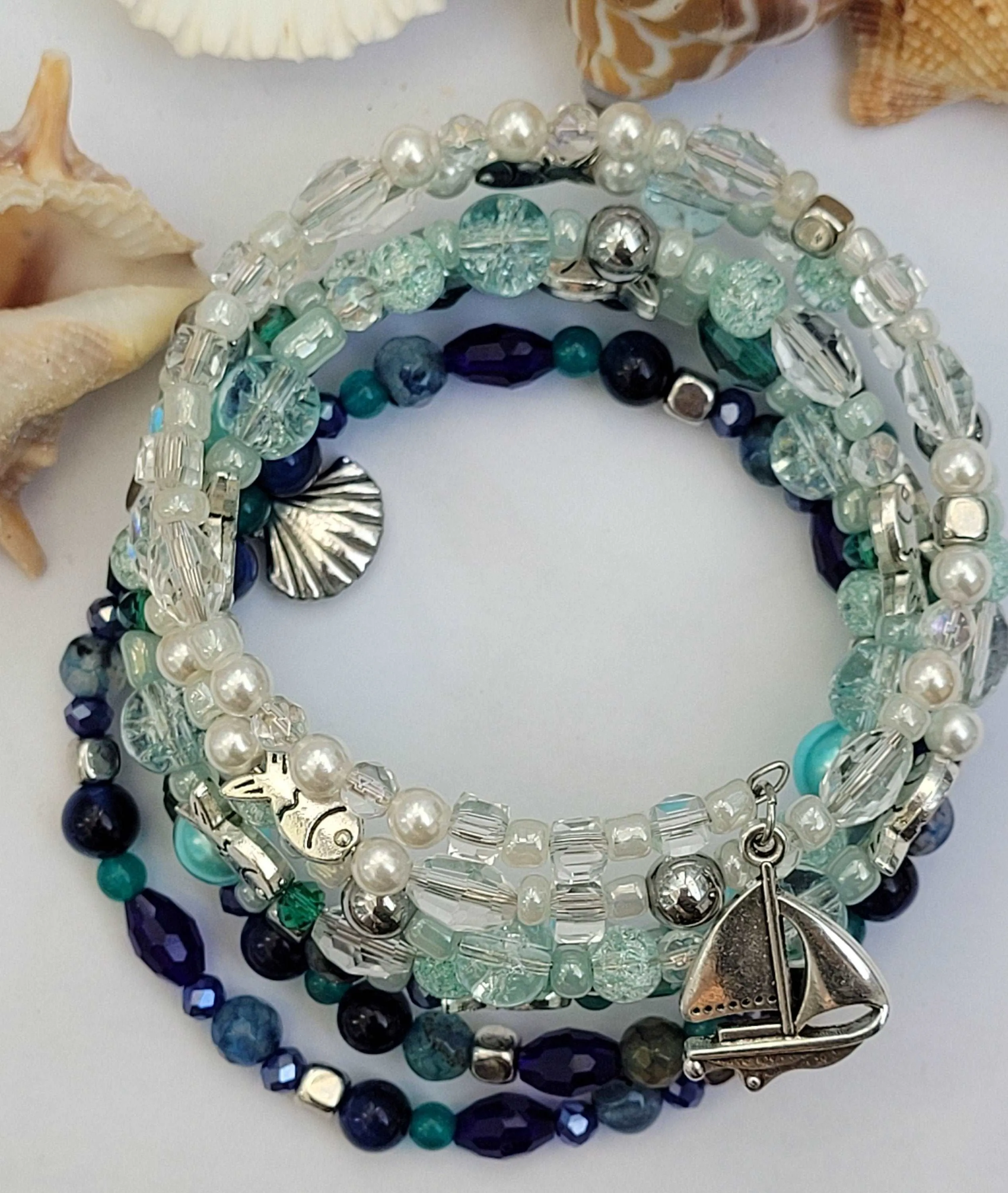 Blue Ocean Memory Wire Large Bracelet, Blue Stone Bracelet, Multi Strand Bracelet, Quartz, Agate, Hematite, Jade, Pearls Gemstone Cuff