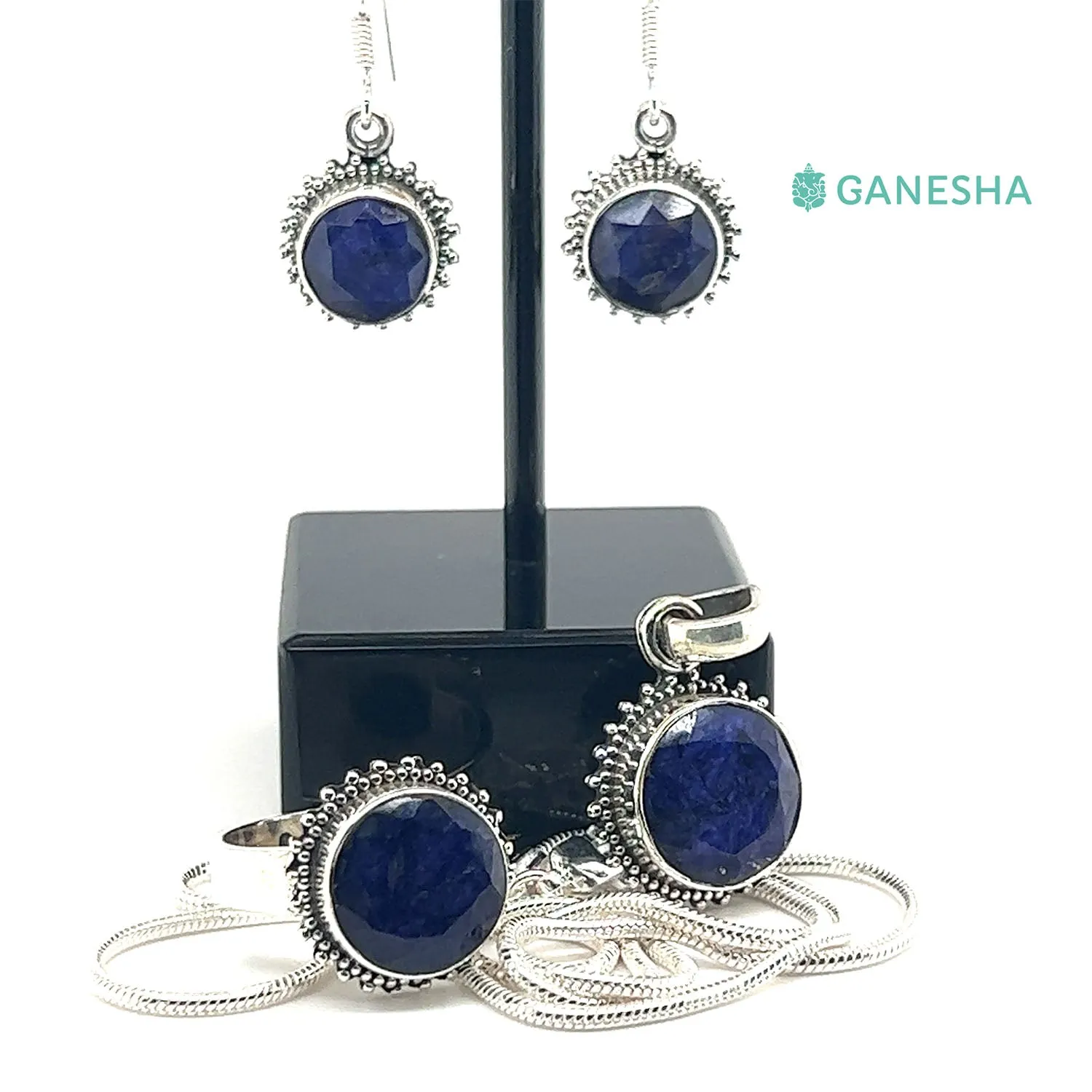 Blue Sapphire - 925 Sterling Silver Jewellery Gift Set With Free Chain - Crown Design