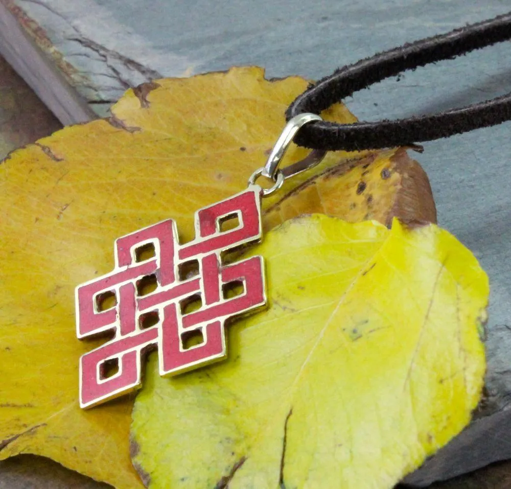 Brass Tibetan Coral Eternal Knot Pendant