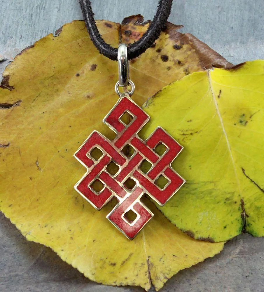 Brass Tibetan Coral Eternal Knot Pendant