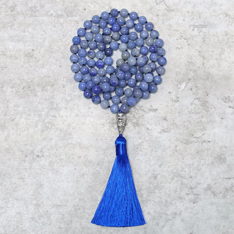 Buddha Stones 108 Mala Blue Aventurine Beads Yoga Meditation Prayer Beads Necklace