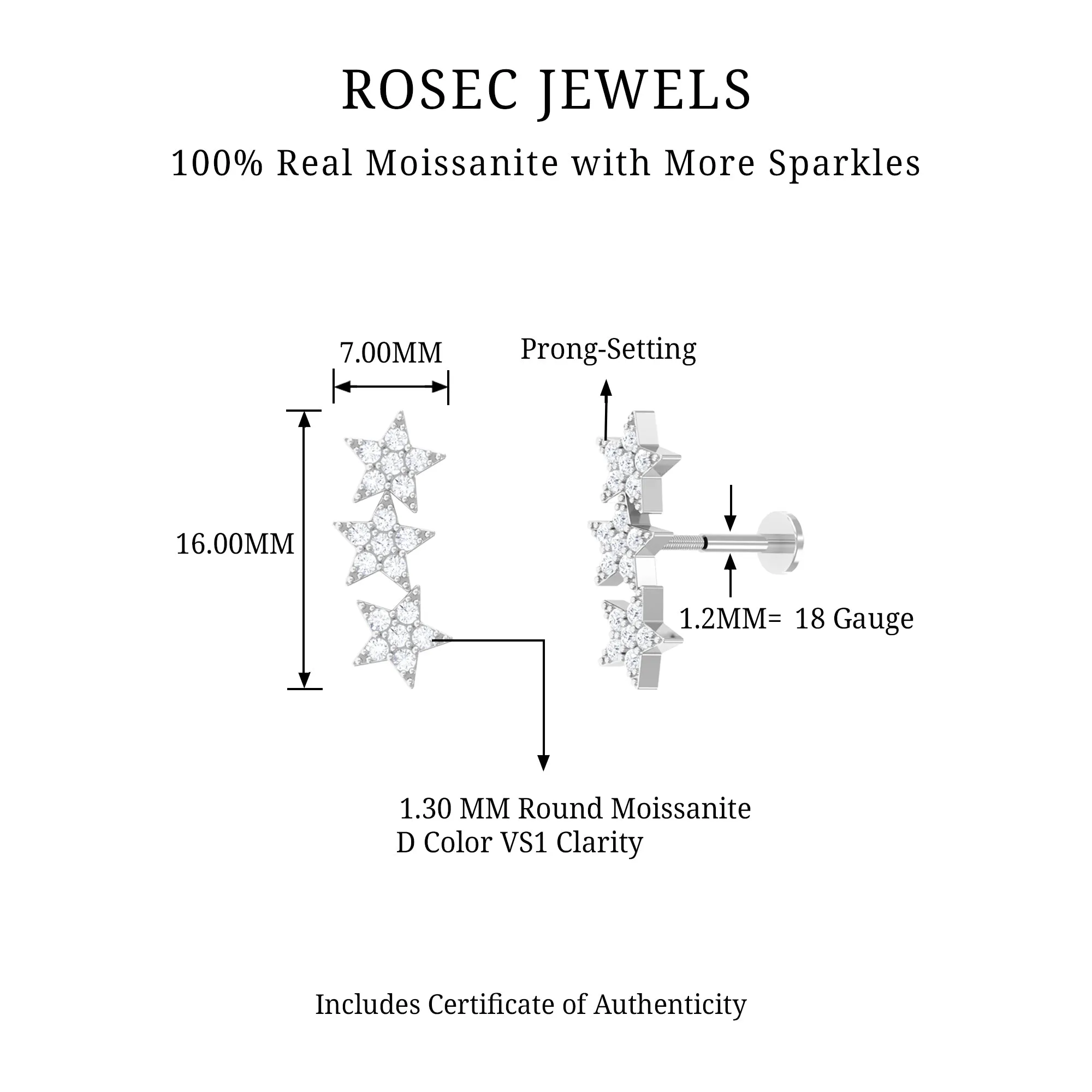 Certified Moissanite Star Ear Crawler Earring