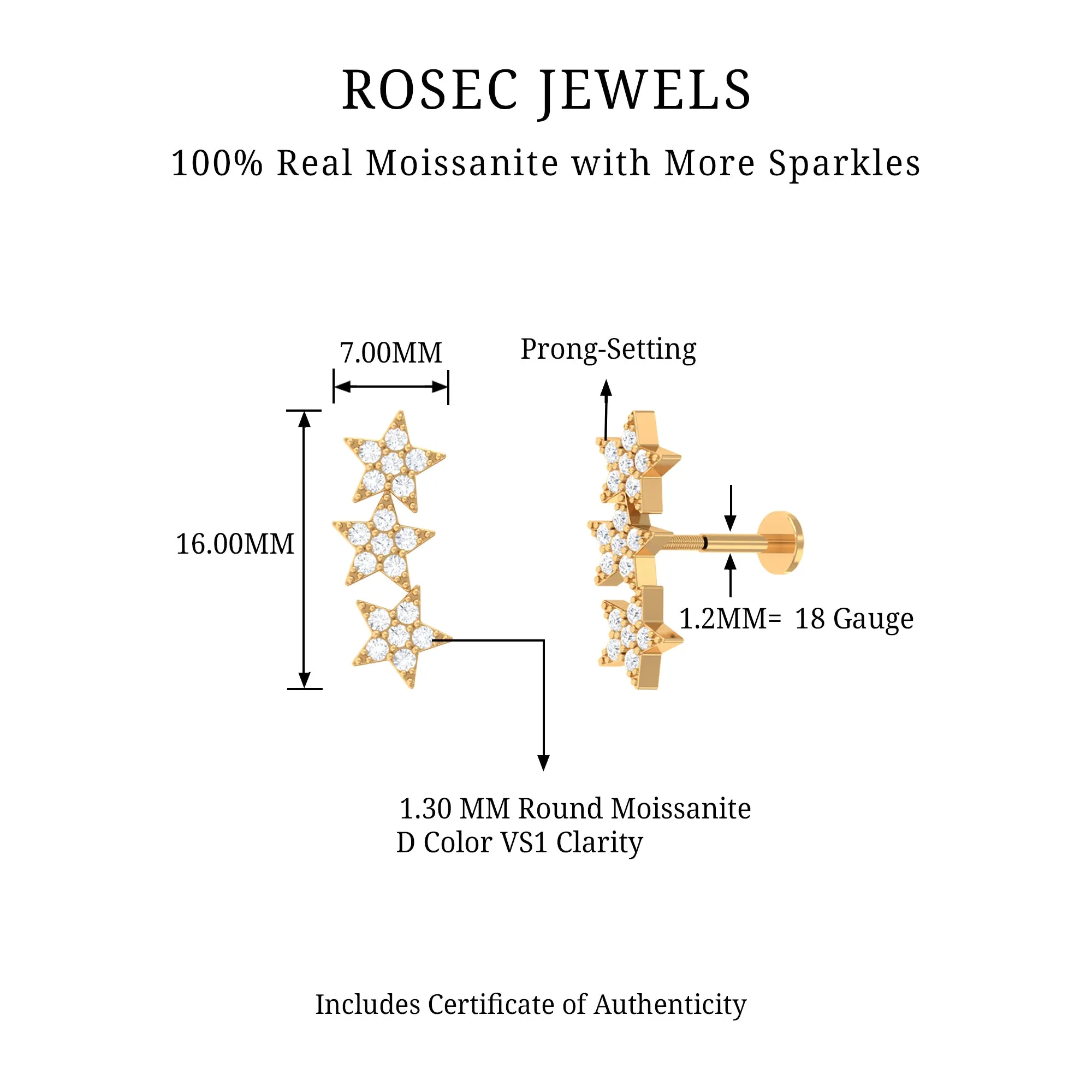 Certified Moissanite Star Ear Crawler Earring