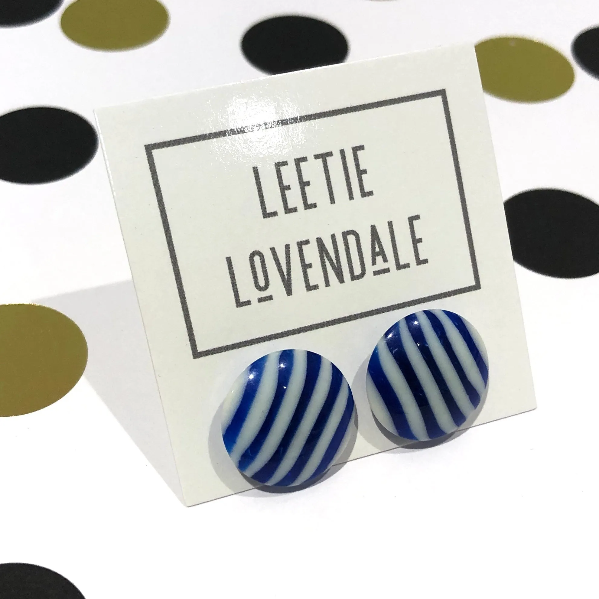 Cobalt Blue & White Pin Stripe Disc Stud Earrings