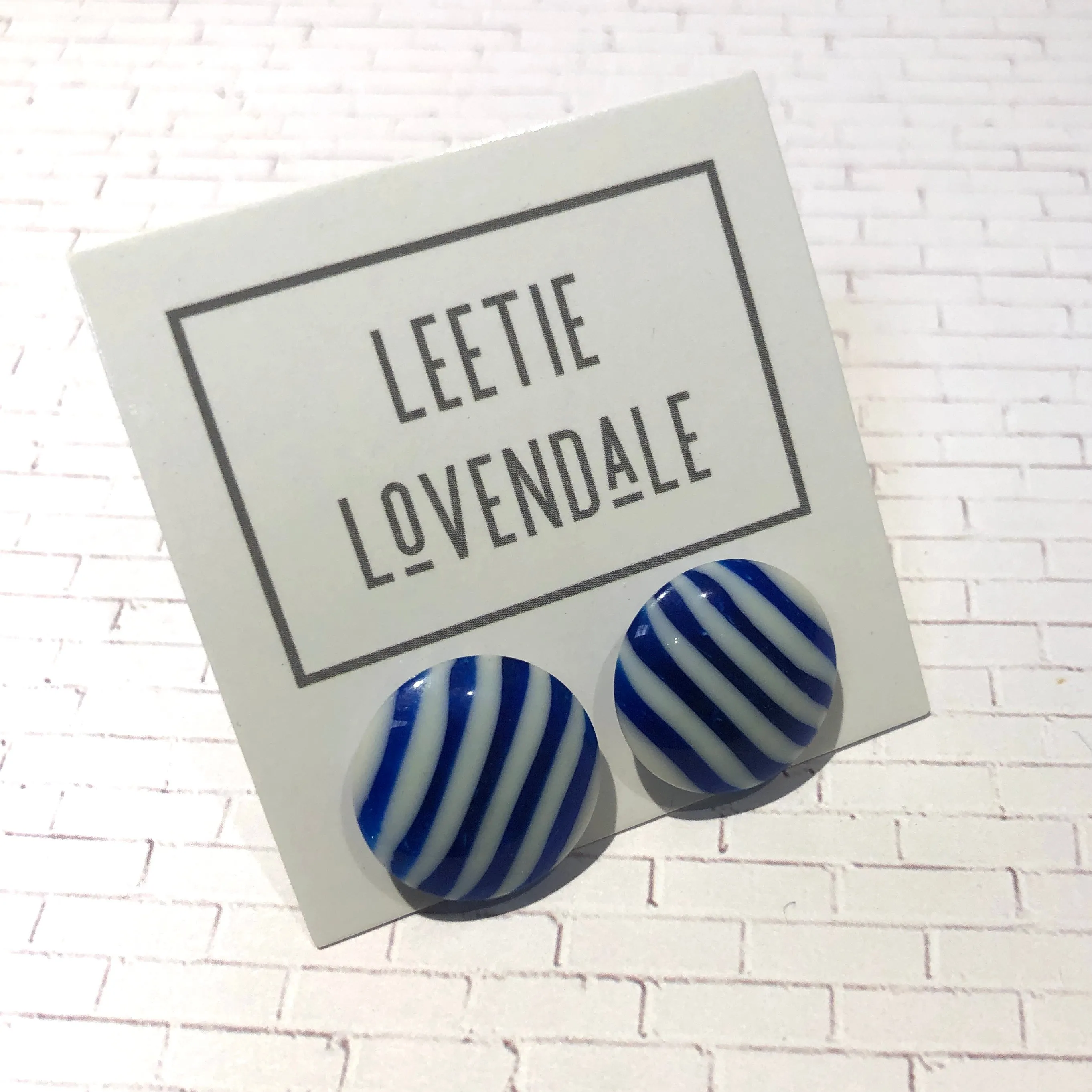 Cobalt Blue & White Pin Stripe Disc Stud Earrings