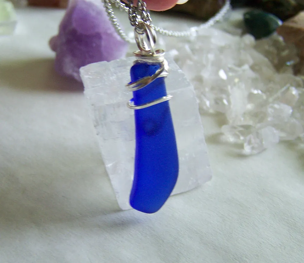 Cobalt Blue Wire Wrapped Natural Beach Glass Pendant Necklace