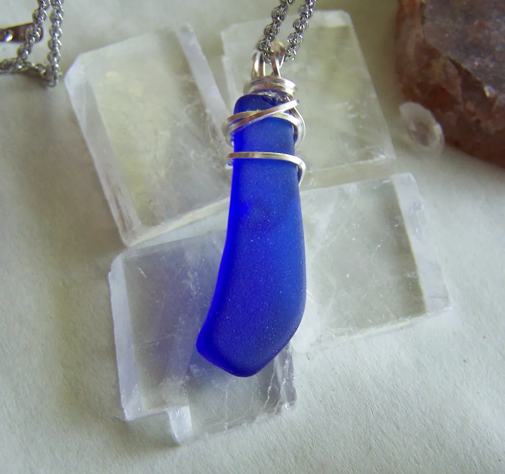 Cobalt Blue Wire Wrapped Natural Beach Glass Pendant Necklace