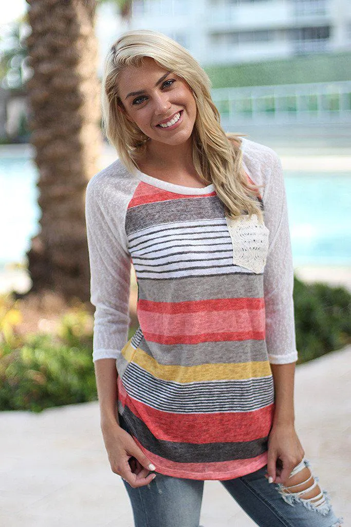 Coral and Yellow Top with Crochet Pocket