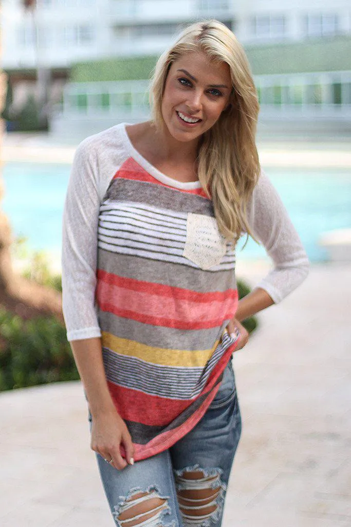 Coral and Yellow Top with Crochet Pocket