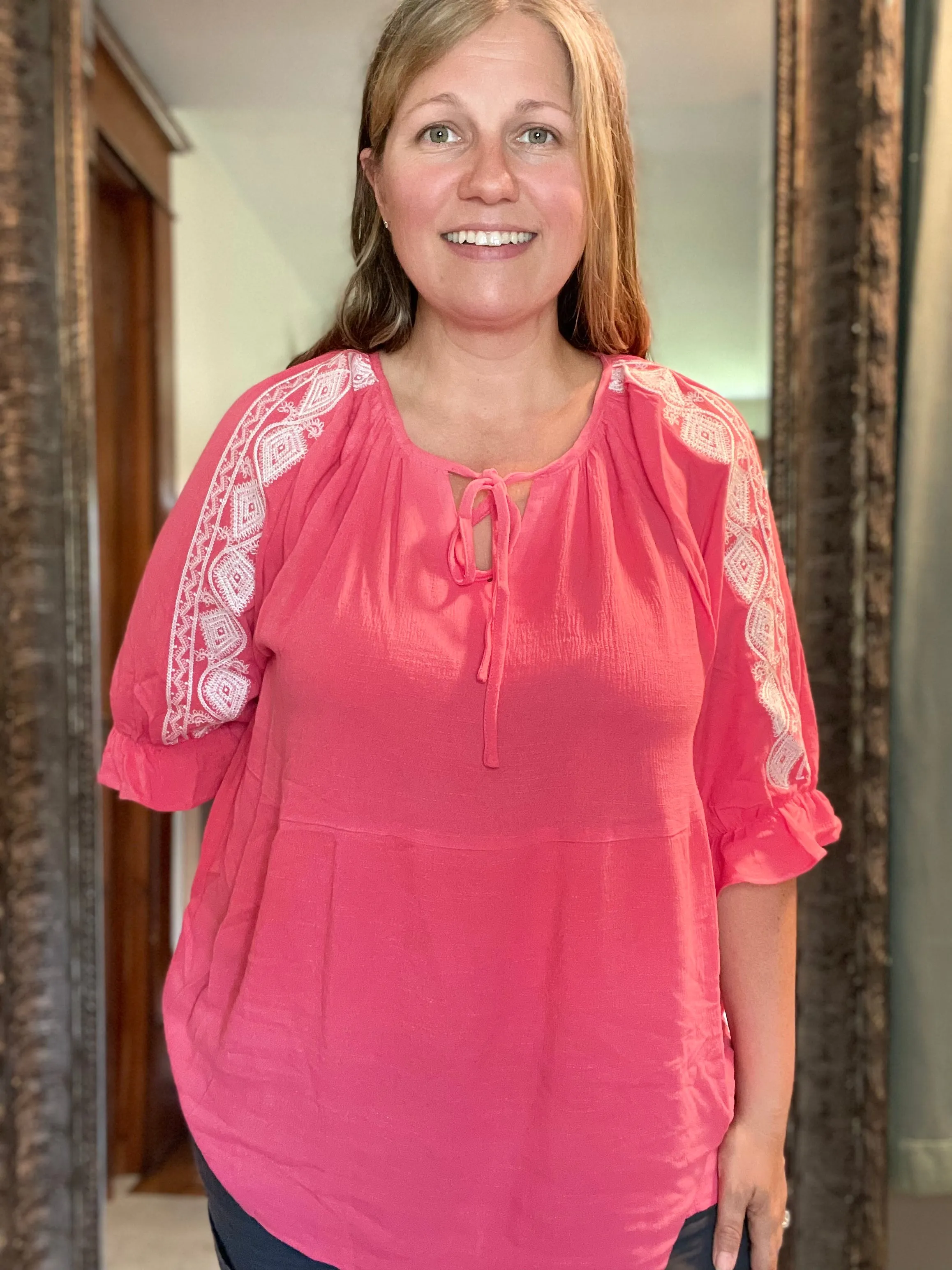 Coral Embroidered Babydoll Top