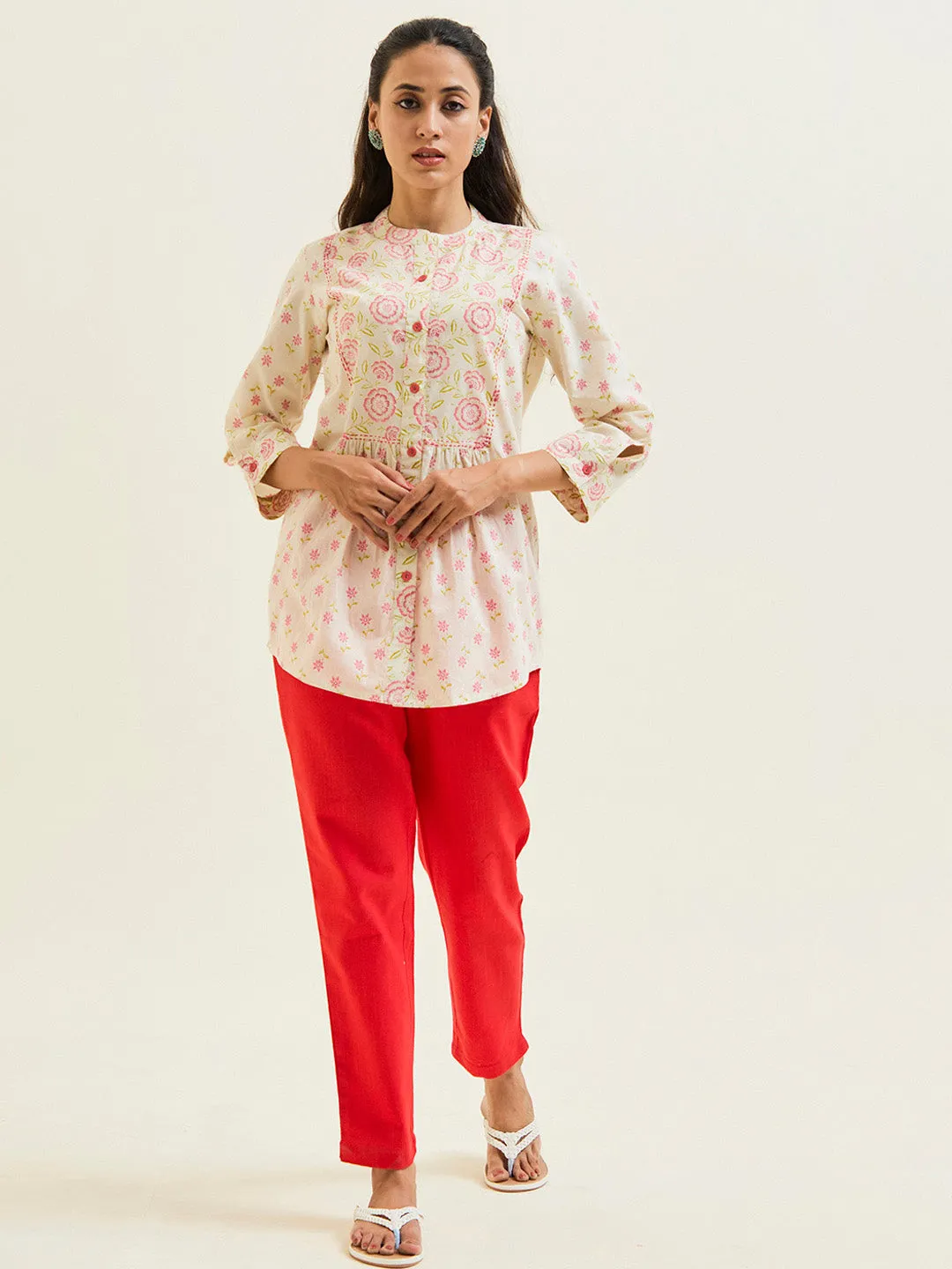 Coral Floral Printed Gathered Top