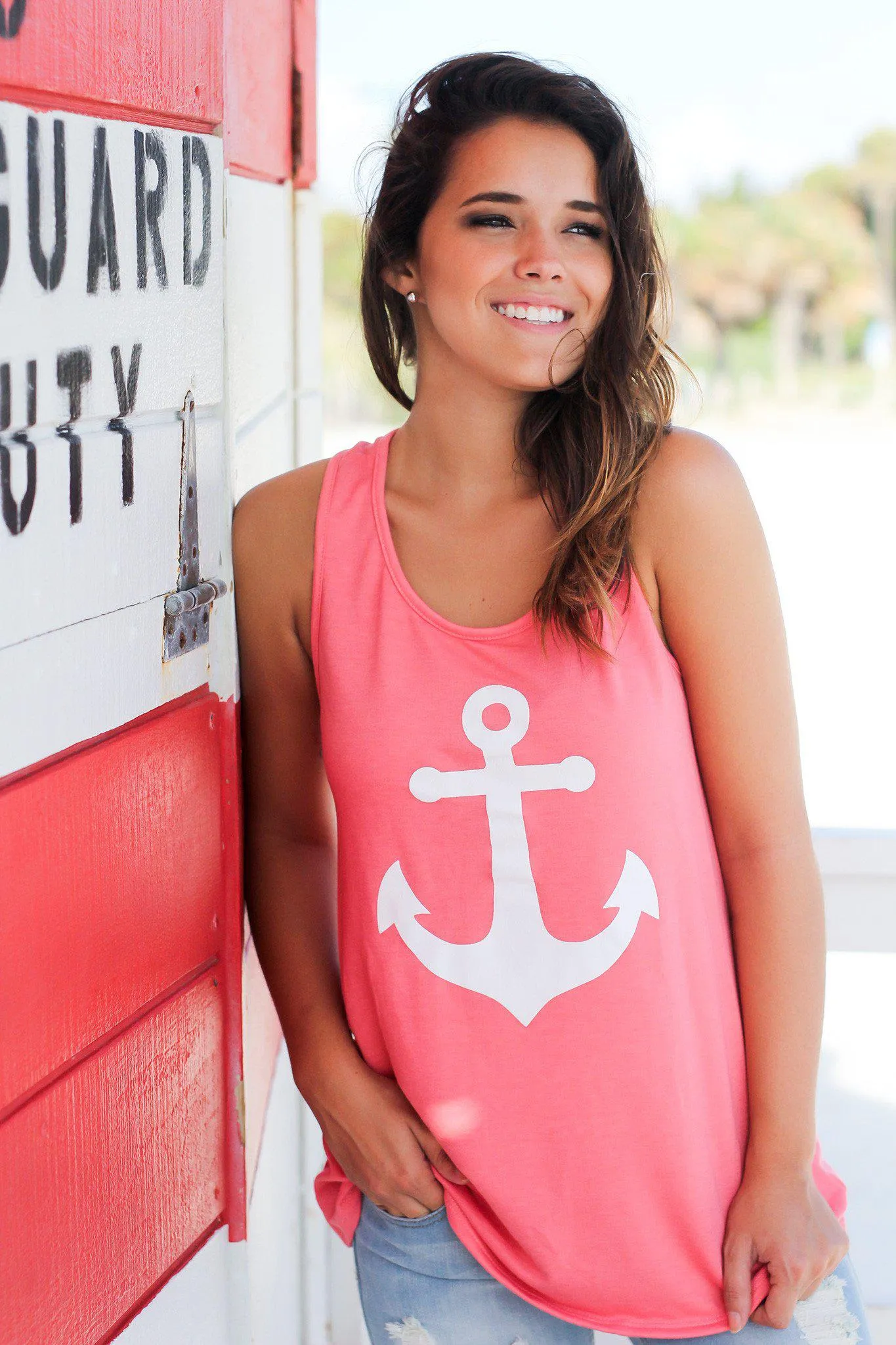 Coral Racerback Anchor Tank Top