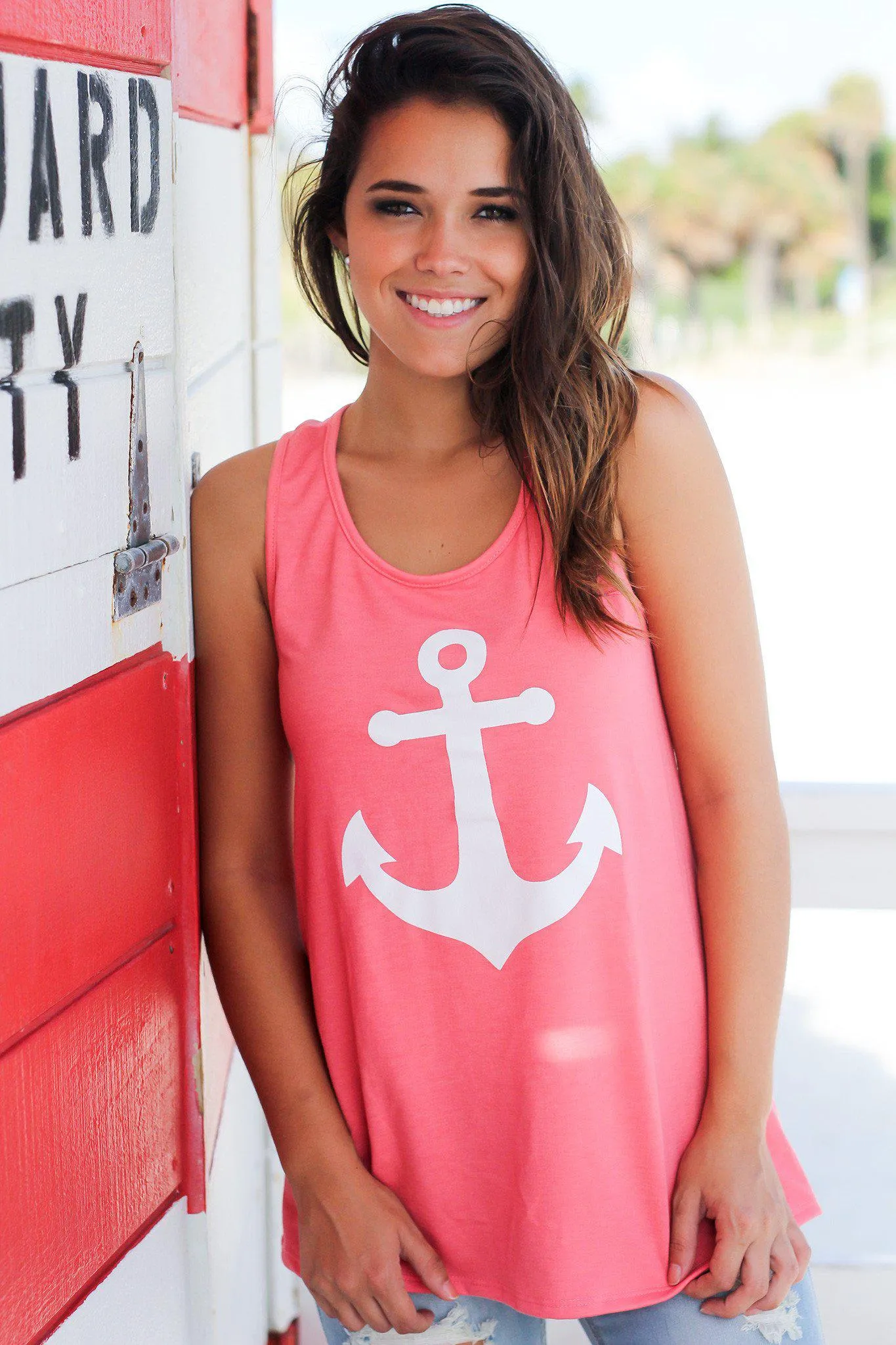 Coral Racerback Anchor Tank Top