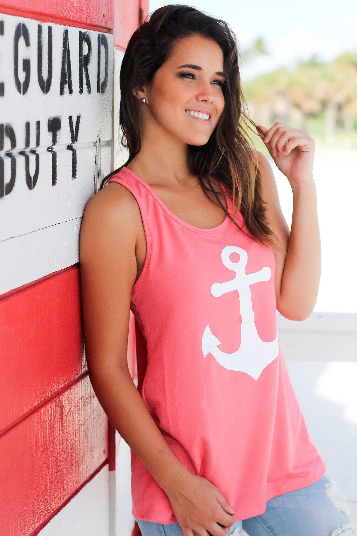 Coral Racerback Anchor Tank Top