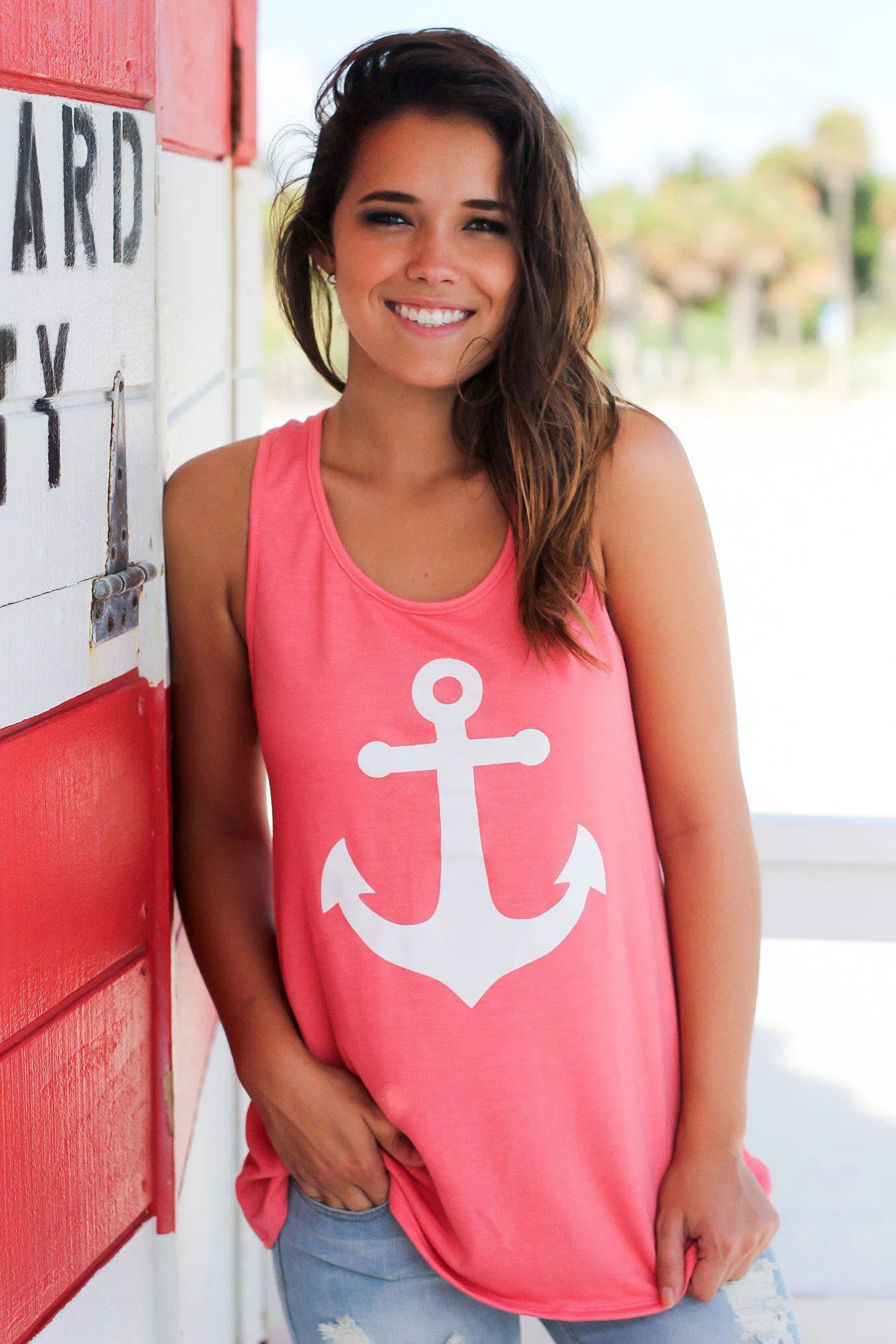 Coral Racerback Anchor Tank Top