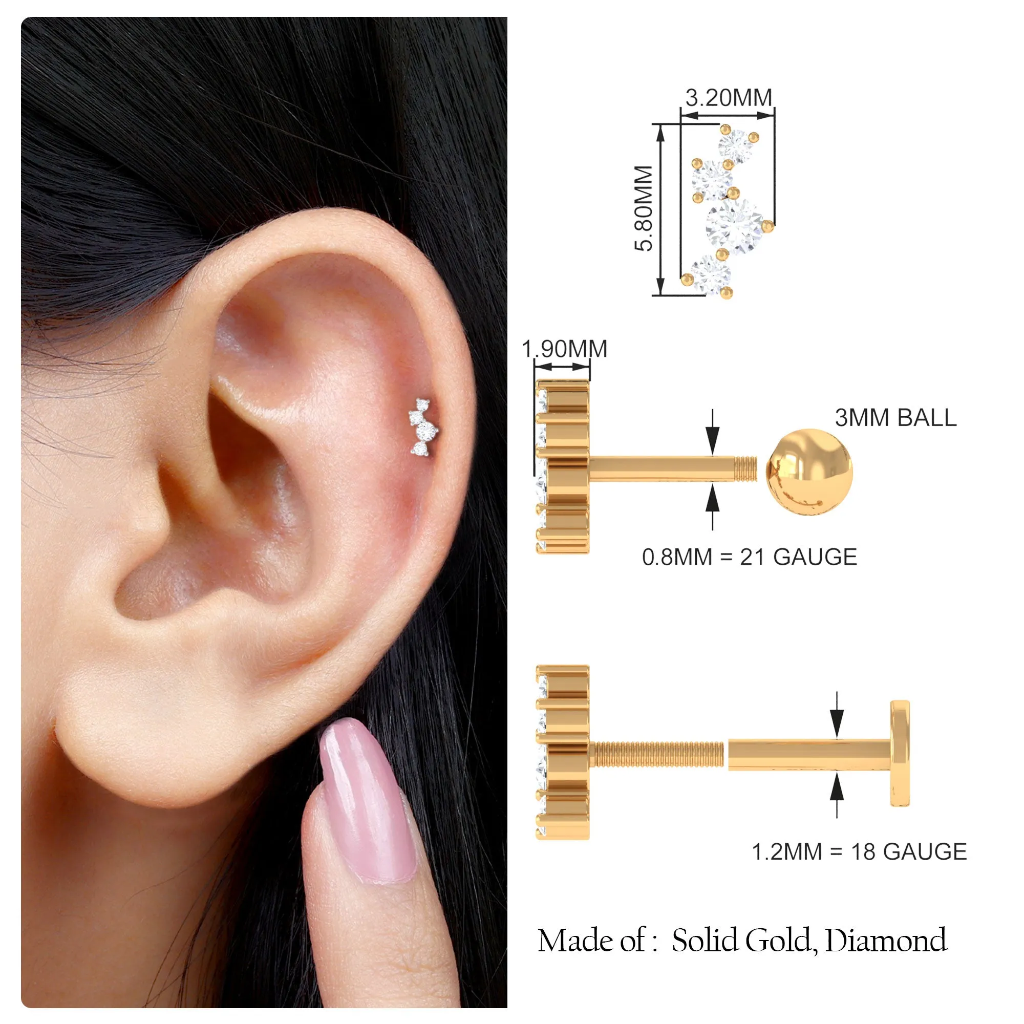 Dainty Round Moissanite Tragus Earring in Gold