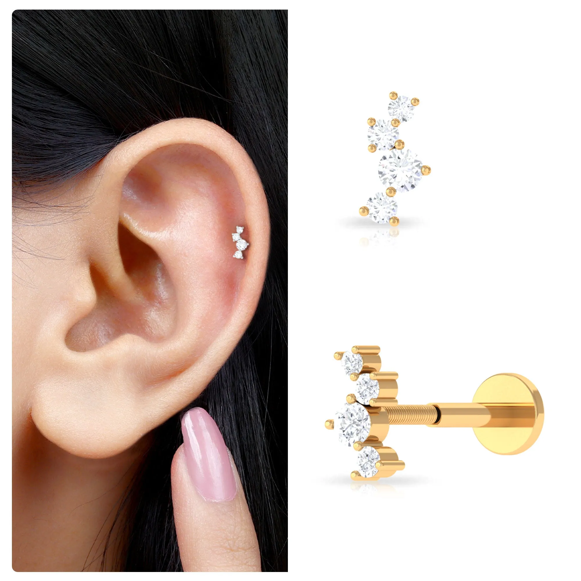 Dainty Round Moissanite Tragus Earring in Gold