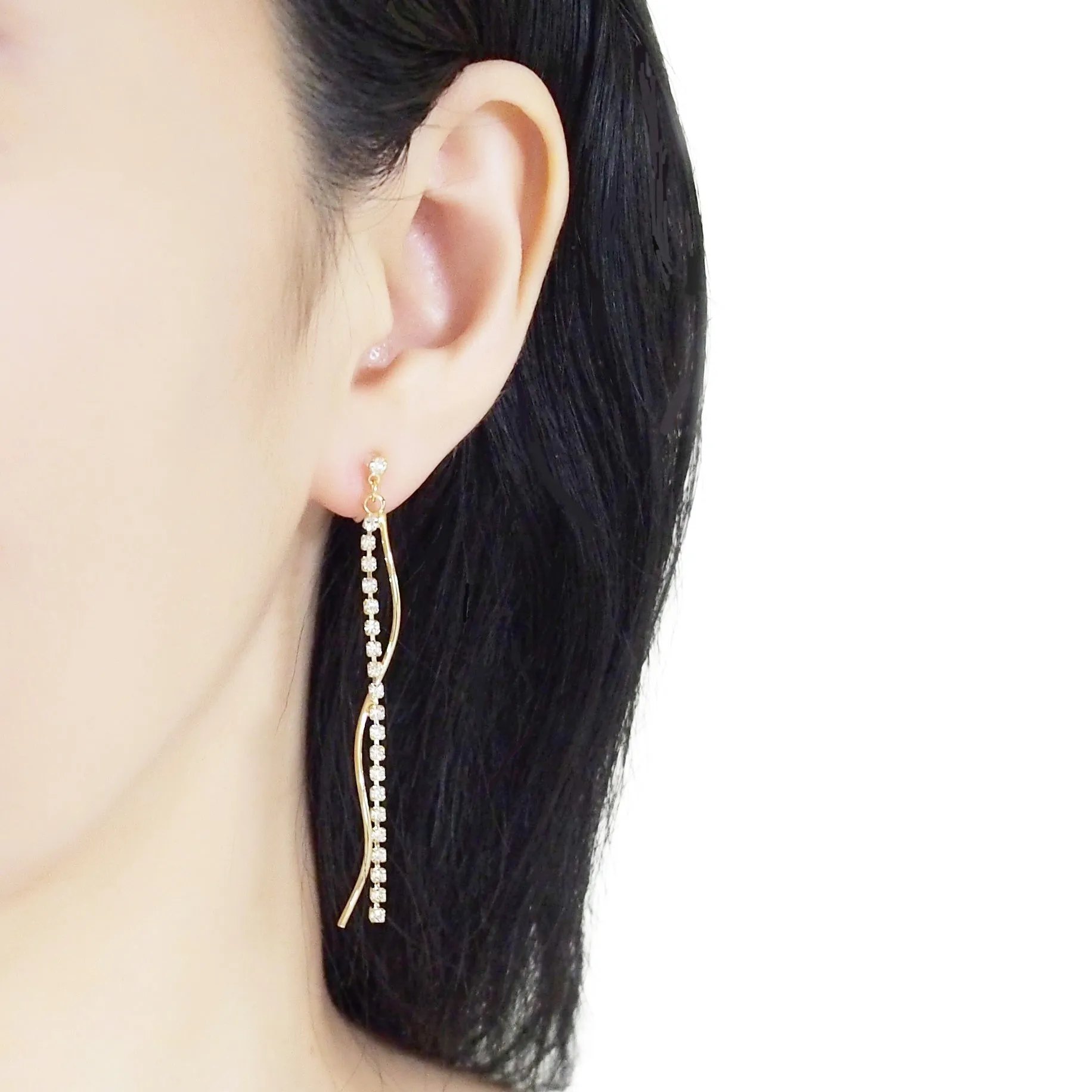 Dangle rhinestone chain and wave bar invisible clip on earrings ( Gold tone )