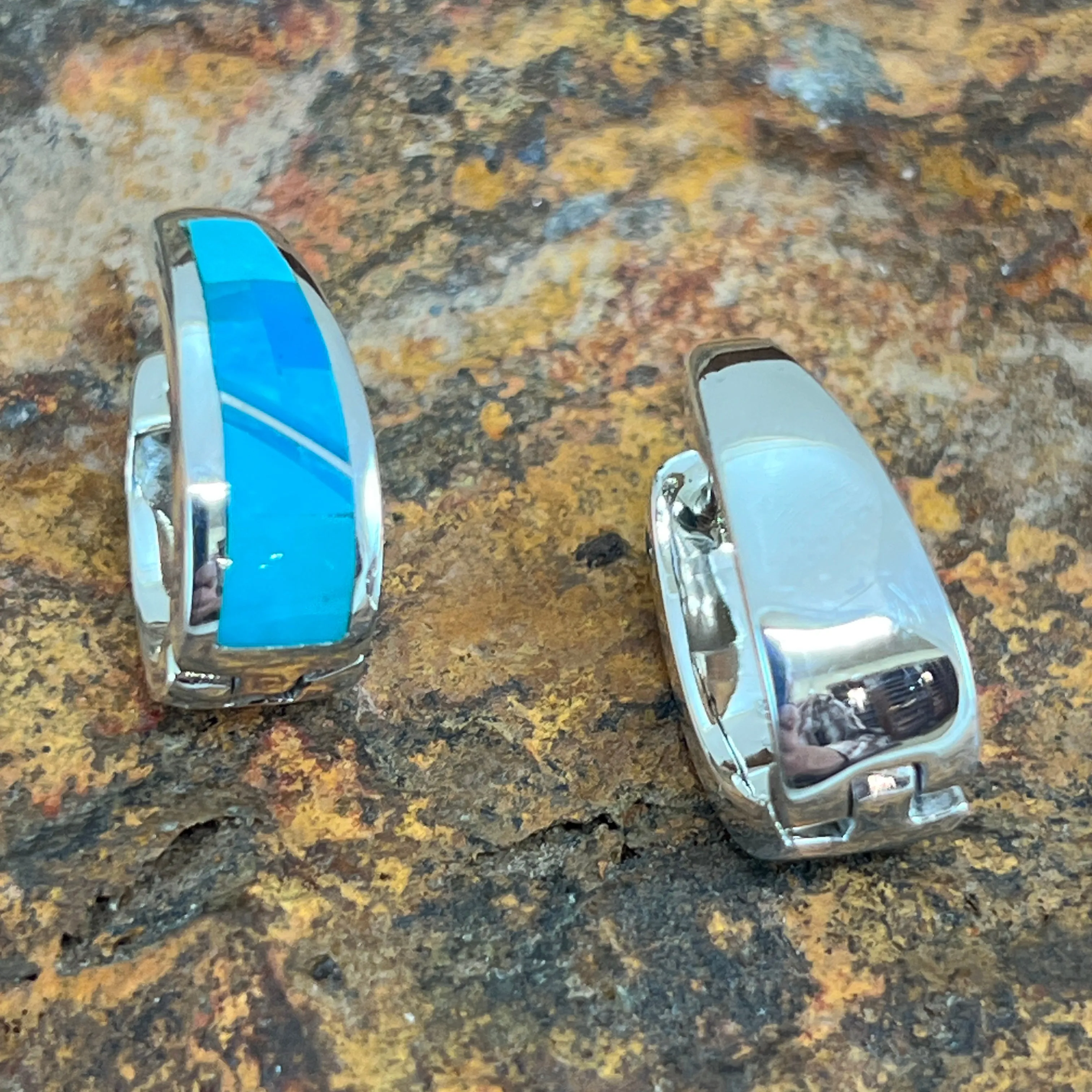 David Rosales Arizona Blue Fancy Inlaid Sterling Silver Earrings Huggie