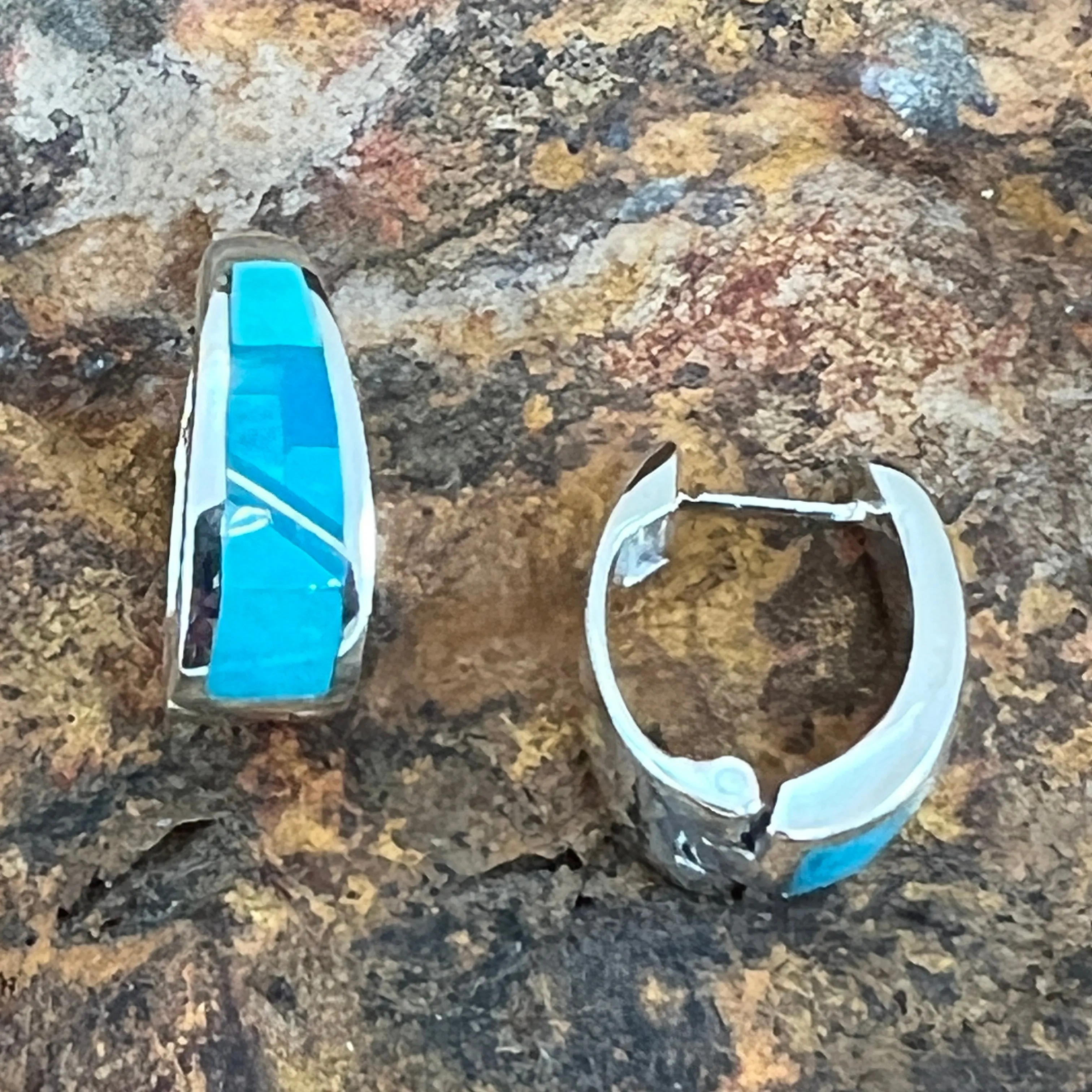 David Rosales Arizona Blue Fancy Inlaid Sterling Silver Earrings Huggie