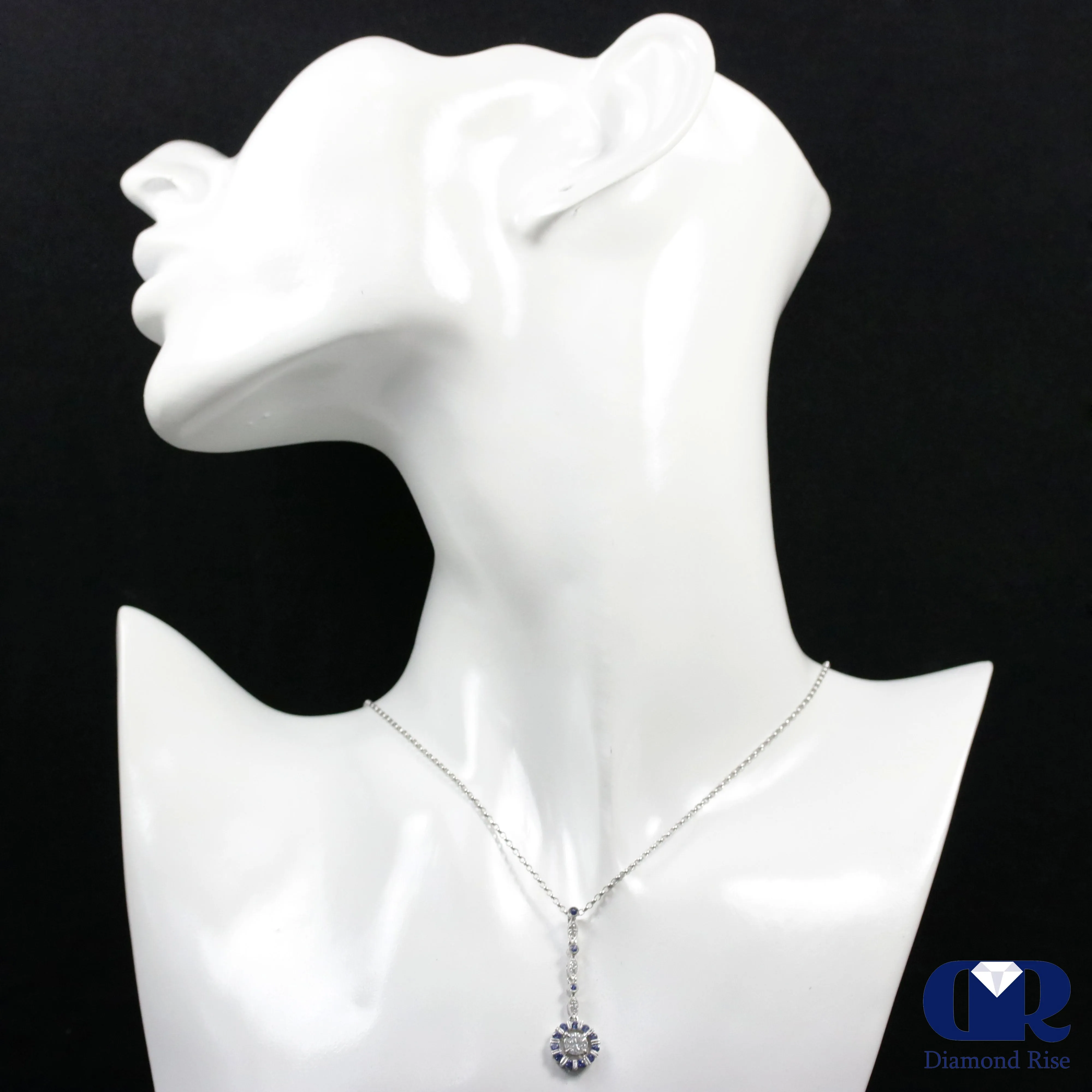 Diamond & Sapphire Drop Pendant Necklace In 18K White Gold 18"