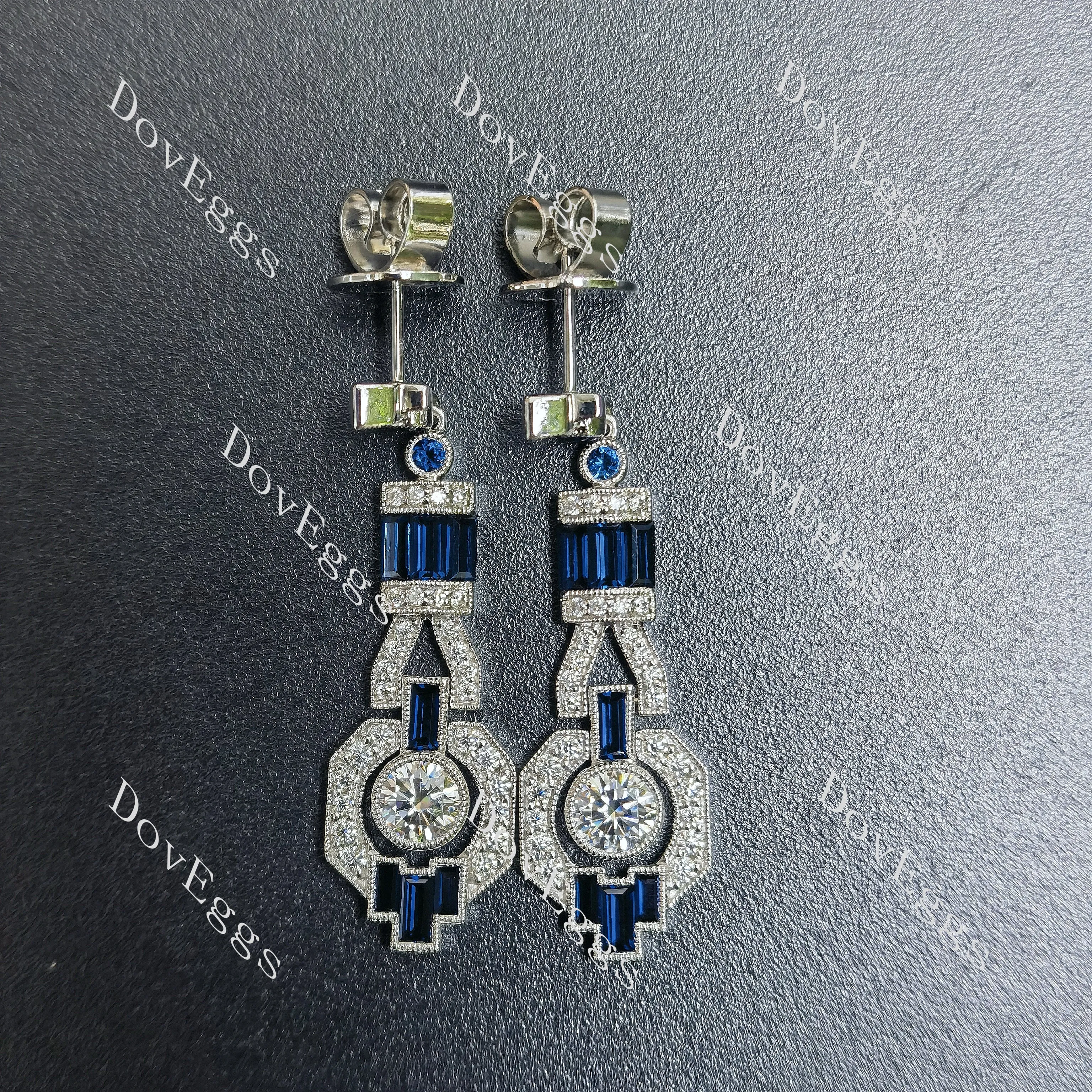 Doveggs round baguette art deco moissanite/lab grown diamond & colored gem dangle earrings