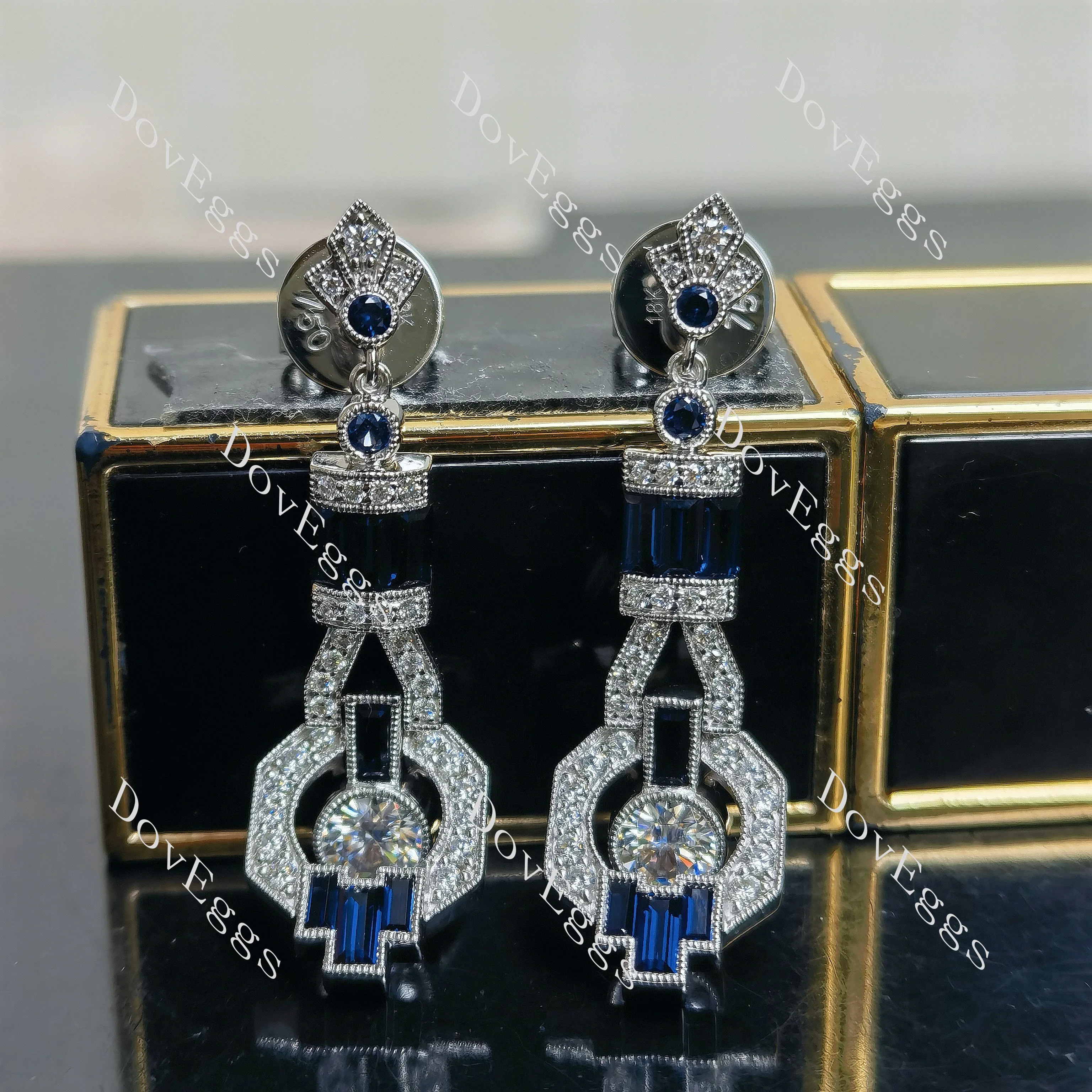 Doveggs round baguette art deco moissanite/lab grown diamond & colored gem dangle earrings