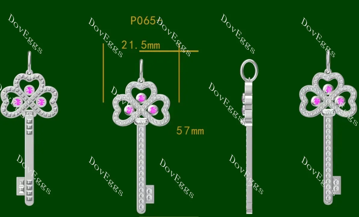 Doveggs round moissanite&color gem/lab grown diamond clover leaf key pendant necklace(pendant only)