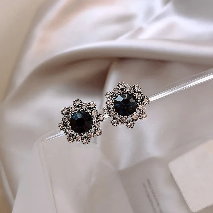 E1520 - Flower crystal rhinestone sapphire earrings